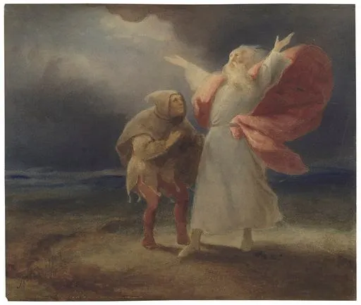 King Lear and his Fool on the heath – watercolour painting