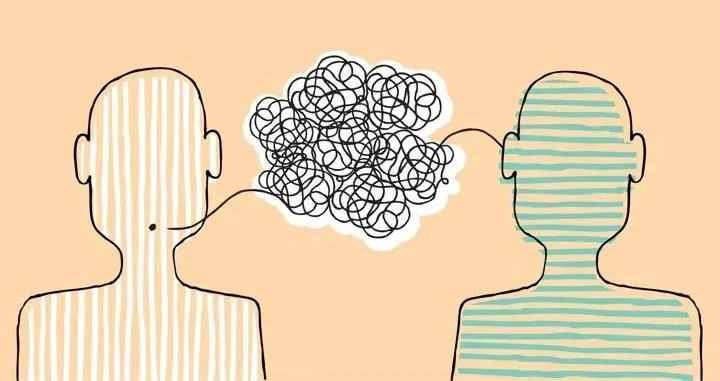 Two people in conversation, a tangle of thoughts between them – illustration