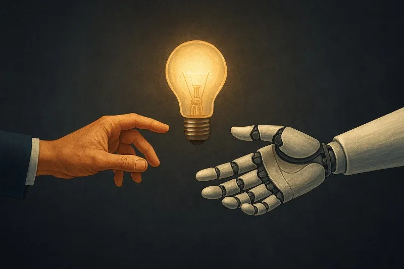 A human hand and a robot hand reaching towards a glowing light bulb